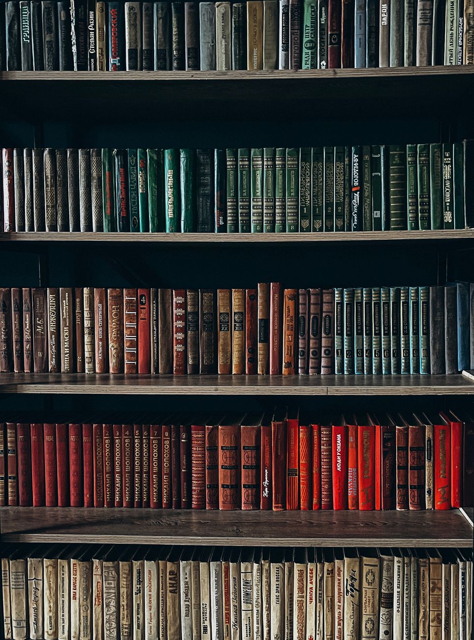 vintage book collection on wooden bookshelf